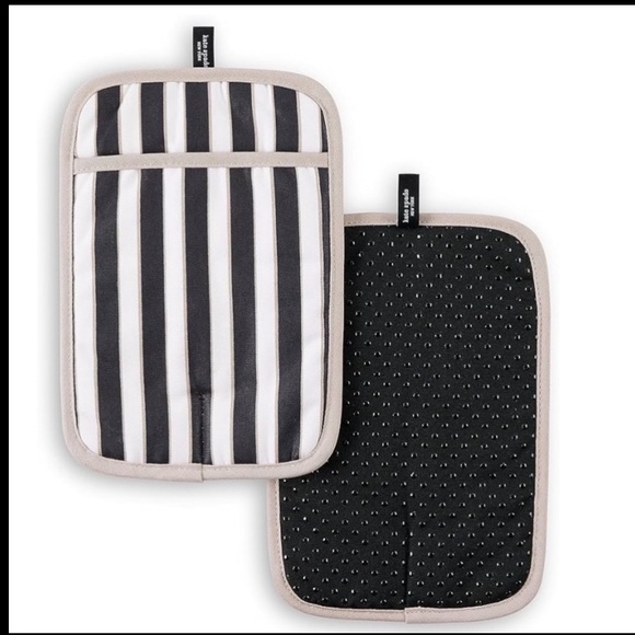 Kate Spade New York Botanical Striped Pot Holders Set of 2, 7” x 10” Black/Beige - Picture 2 of 7